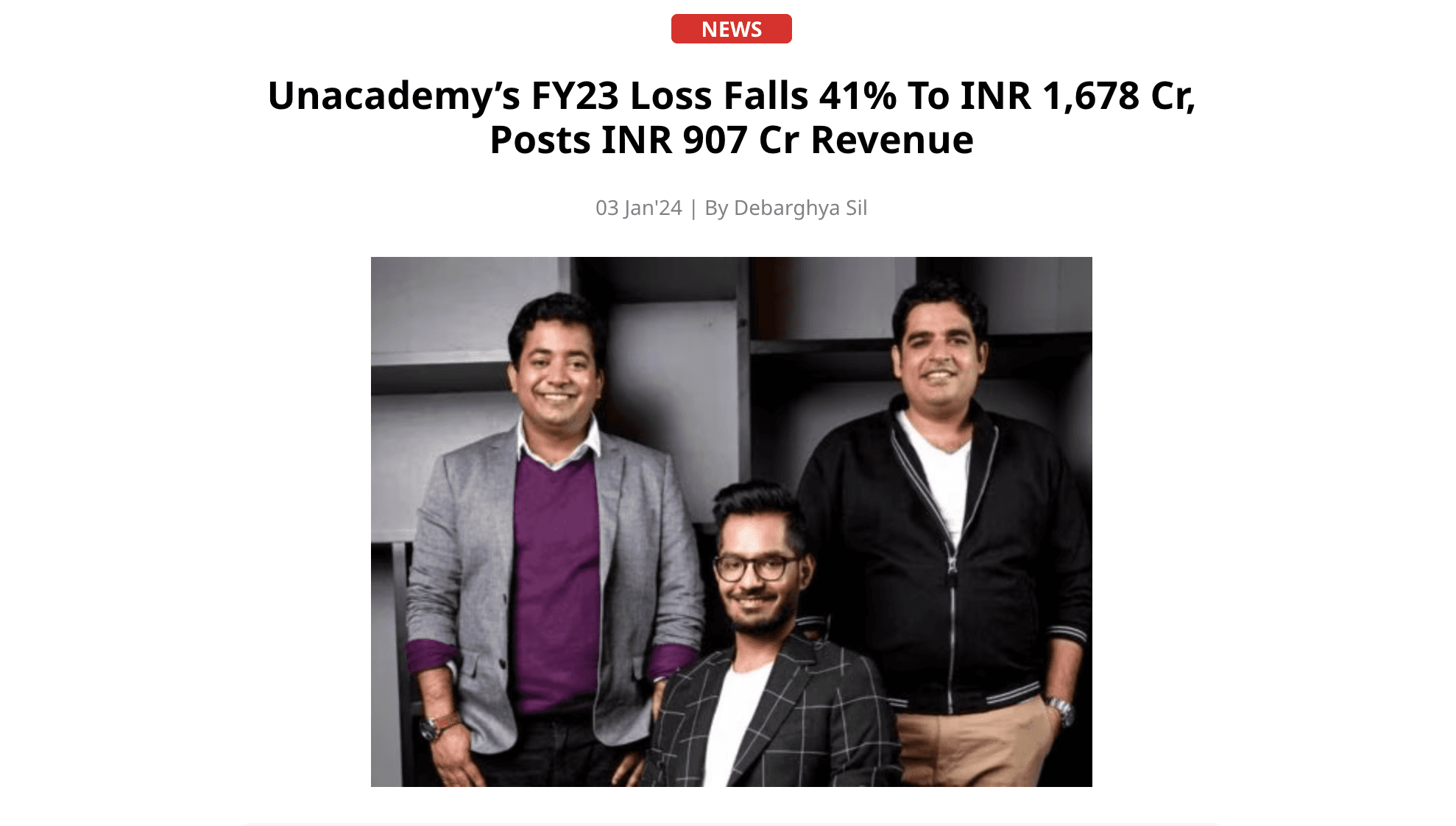 Unacademy’s FY23 Loss Falls 41% To INR 1,678 Cr, Posts INR 907 Cr Revenue